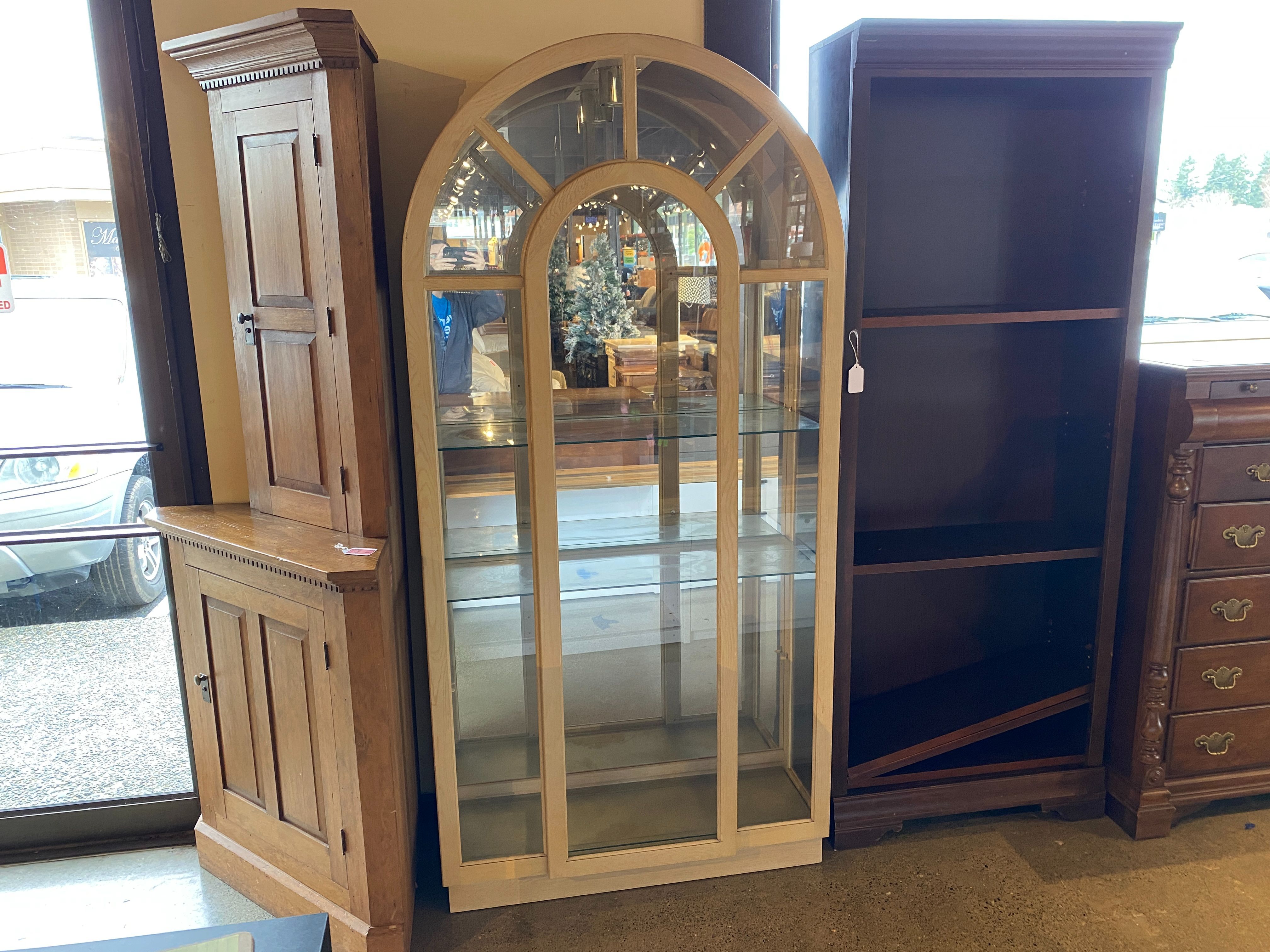 Arched Light Wood Curio Cabinet with Glass Shelves