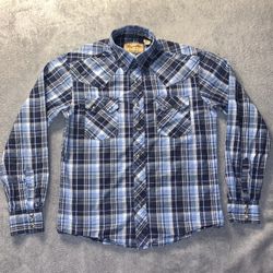 Wrangler Retro Size Medium Tartan Plaid Blue Long Sleeve Western Shirt Button Up