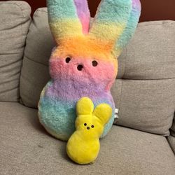 Peeps Just Born Easter Bunny Plush Toy Pastel Rainbow Tie Dye, 15" & yellow one