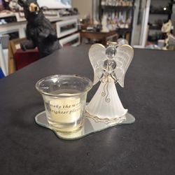 "You Make The World A Better Place" White Milk Glass Angel Tealight Candle Holder With 24KT Gold Accents Mounted On A Cloud Shaped Mirror 3.75"H X 5"W