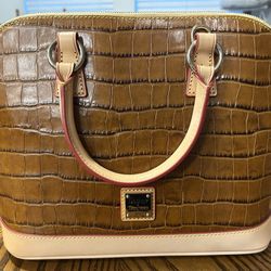 Dooney & Bourke Satchel Purse Bag Croc Embossed Leather Handbag 2 Tone Brown