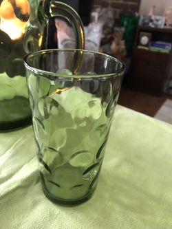 1970’s Hazel Atlas Green Glass Pitcher and Glass in El Dorado pattern