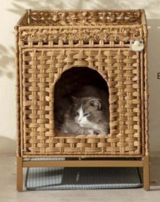 Kureeise Cat Litter Box Enclosure Rattan Cat House w Metal Feet-Litter Mat Included