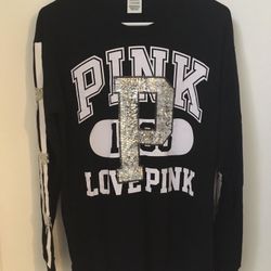 Victoria's Secret PINK Black Silver Glitter Metallic Pullover Sweatshirt  Size Small NEW without TAGS 
