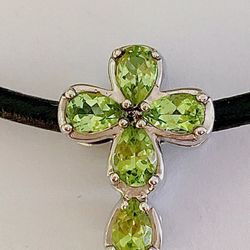 10 Ct Genuine Peridot Stones On 925 Sterling Silver Cross With 18 “ Leather Necklace