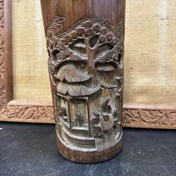 Antique Chinese Scholars Carved Bamboo Paint Brush Pot Feng Shui Qing Dynasty