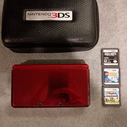 Nintendo 3DS Original Flame Red Console + 3 DS Games + 3DS Pouch - Tested Working 