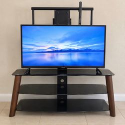 Black Glass TV Stand with Wooden Legs & Glass Shelves
