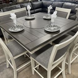 antique white and grey table with 6 chairs $$1199