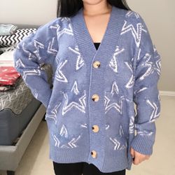 Women winter autumn v neck star knit sweater cardigan jacket pullover plus size