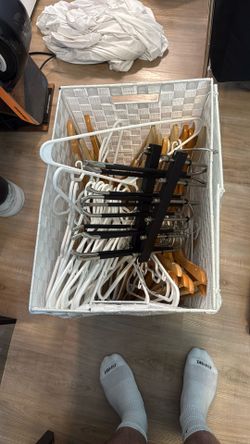 Large Bundle of Wooden + Plastic Hangers with Multi-Tier Pants Hanger