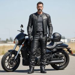 Mr S Men's Leather Motorcycle Over Pants Zip Snap Button Italy Size 34