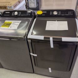 SAMSUNG BLACK STAINLESS STEEL WASHER AND ELECTRIC DRYER OPEN BOX ITEMS O2T3I