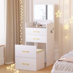 White 3-in-1 Compact Vanity Makeup Desk w Mirror and Stool