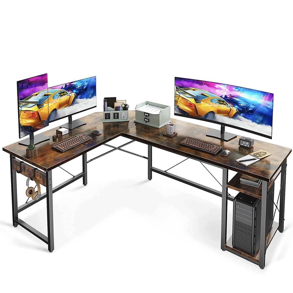 Coleshome L Shaped Computer Desk 66" with Storage Shelves, Corner Sturdy Writing Desk Workstation, Modern Wooden Office Desk, Wood & Metal, Vintage