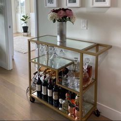Elegant Modern Champagne Gold Bar Cart w/ Wheels (to easily lock in place!)