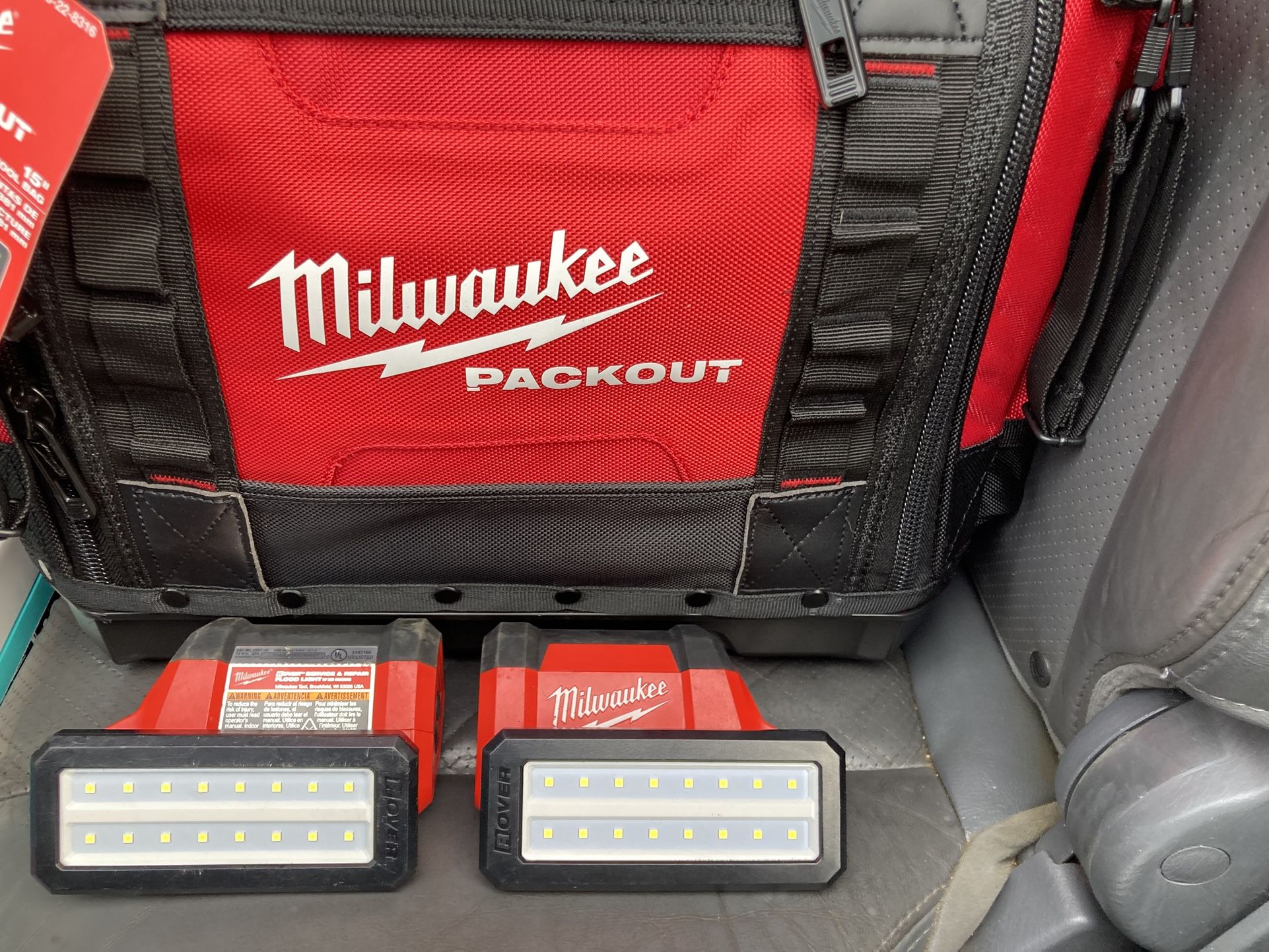 Milwaukee Packout 15” Structured Tool Bag And  2 Milwaukee M12 Lights