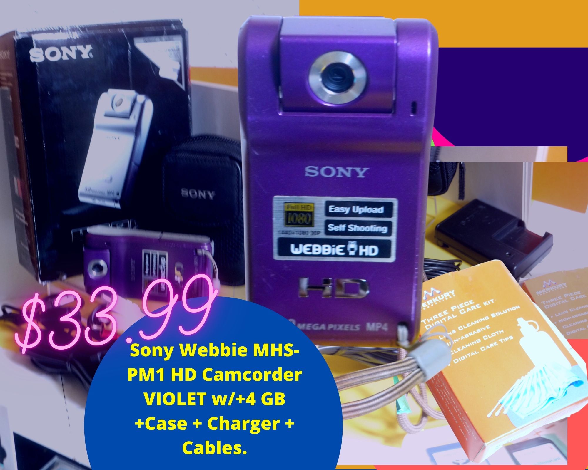 Sony HD Camcorder MHS-PMU+ 4GB Card+Case+Charger+Cables.