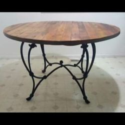 Rustic Circular Wood Table W/ Wrought Legs