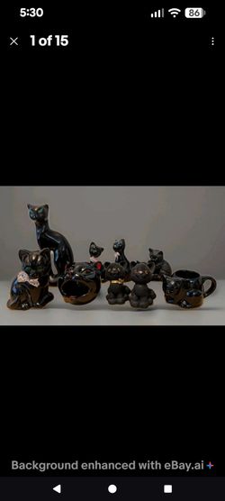 Lot Of 9 Vintage Black Cat Collectables Figurines Halloween Lot includes
Glossy 8 inches. Small chip on ear and base.

2 glossy cats with green eyes a