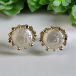 Baroque Pearl Earrings Gold With Colorful Smaller Crystals 