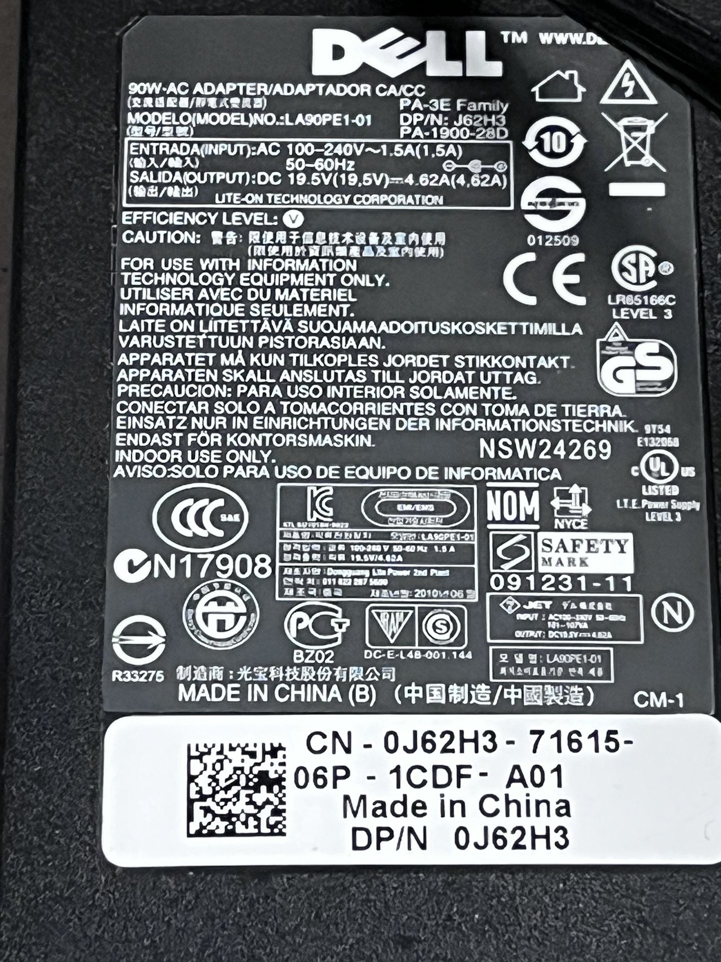 OEM Charger Genuine Dell 90W AC Power Charger 19.5V 4.62A PA-3E J62H3 0J62H3 LA90PE1-01