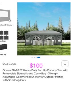 Garvee 10x20 FT Pop Up Canopy Tent Grey