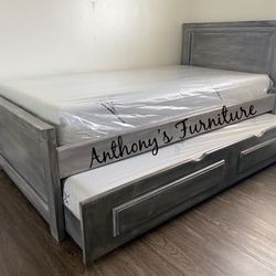 Solid Wood Twin Bed & Twin Trundle + 2 Foam Mattress 