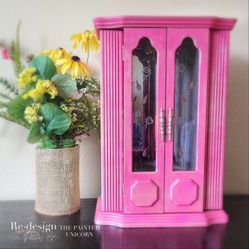 Breast Cancer Awareness Refinished Tall Jewelry Box Armoire 