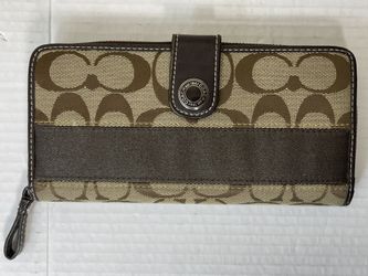 Coach Legacy Signature Stripe Zip Around Accordion Long Brown Wallet
