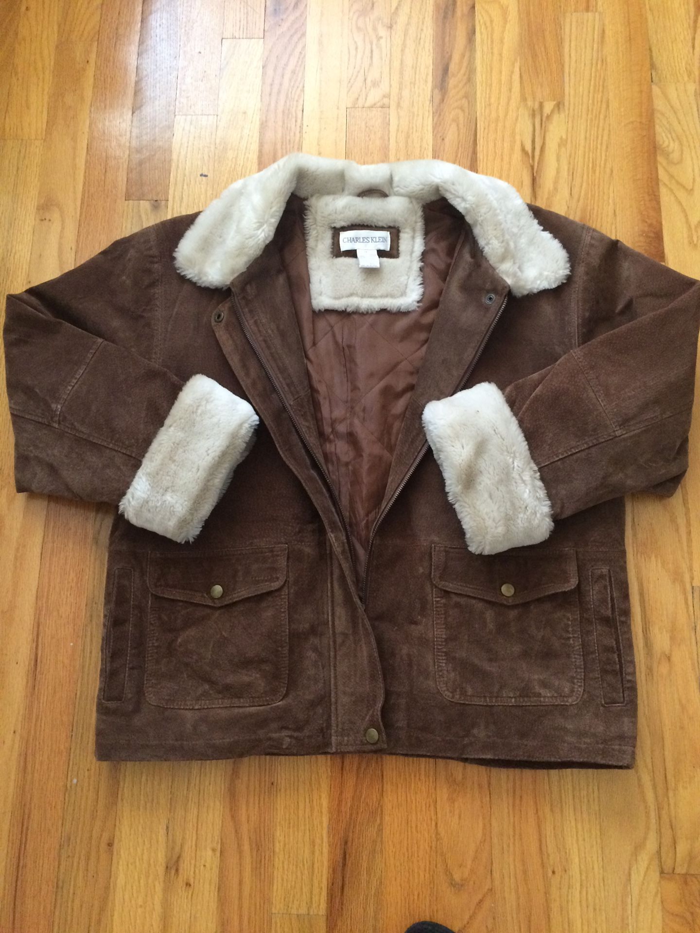Women’s Charles Klein Suede Leather Jacket With Fur Cuffs And Collar Size M