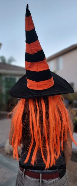 Glow in the Dark Orange and Black Witch Hat with Orange Wig