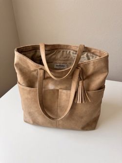 Sonoma Goods For Life Tan Tote Bag, Vegan Leather, Side Pockets and Tassel