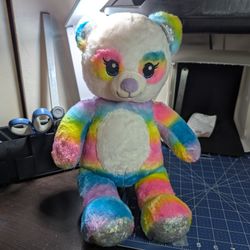 Build A Bear Rainbow Panda Plush 17" Sparkle Silver Feet Stuffed Animal