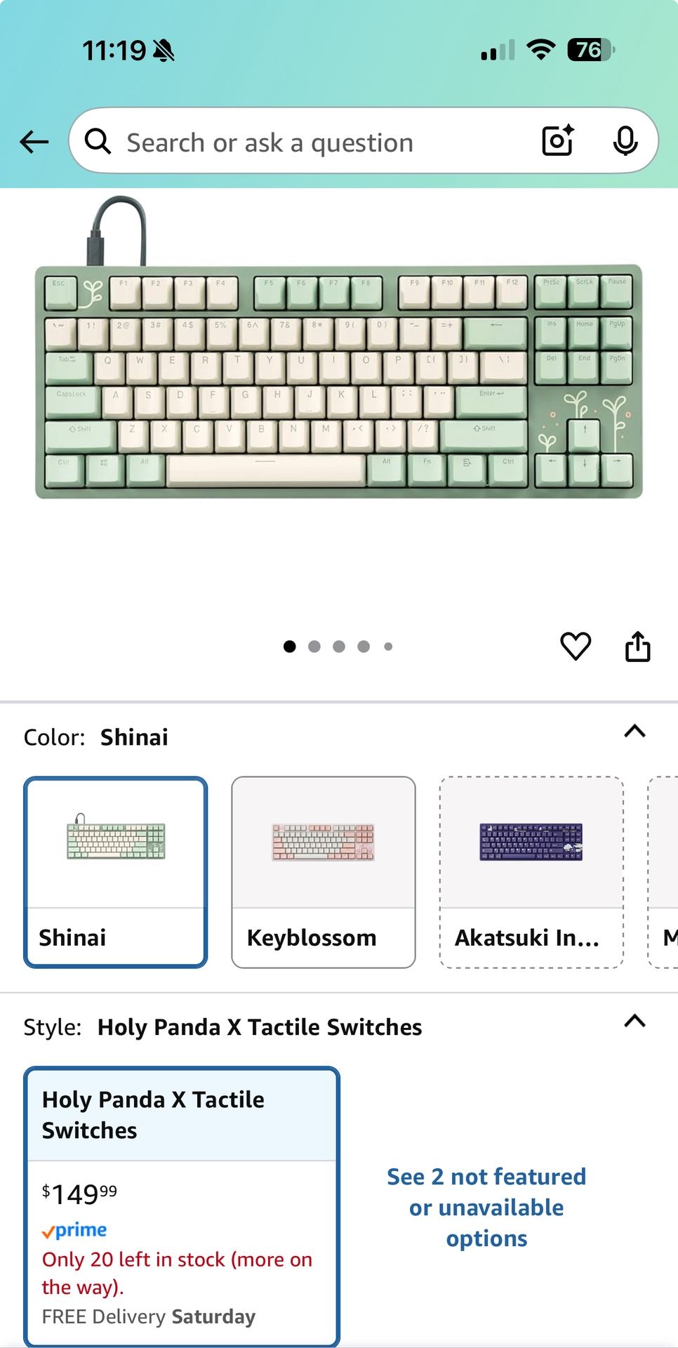 DROP Expression Series Shinai TKL Mechanical Keyboard - Holy Panda X Tactile Switches - PBT Double-Shot Keycaps - LED Backlight - Green