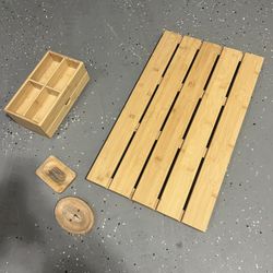 4 Pieces Bamboo  Items for bathroom shower mat /soap holder and storage stand