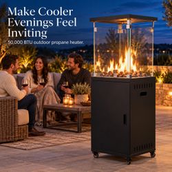 BTEXPERT 50,000 BTU Propane Patio Heater – Glass Flame Outdoor Heater with Wheels & Cover – Black