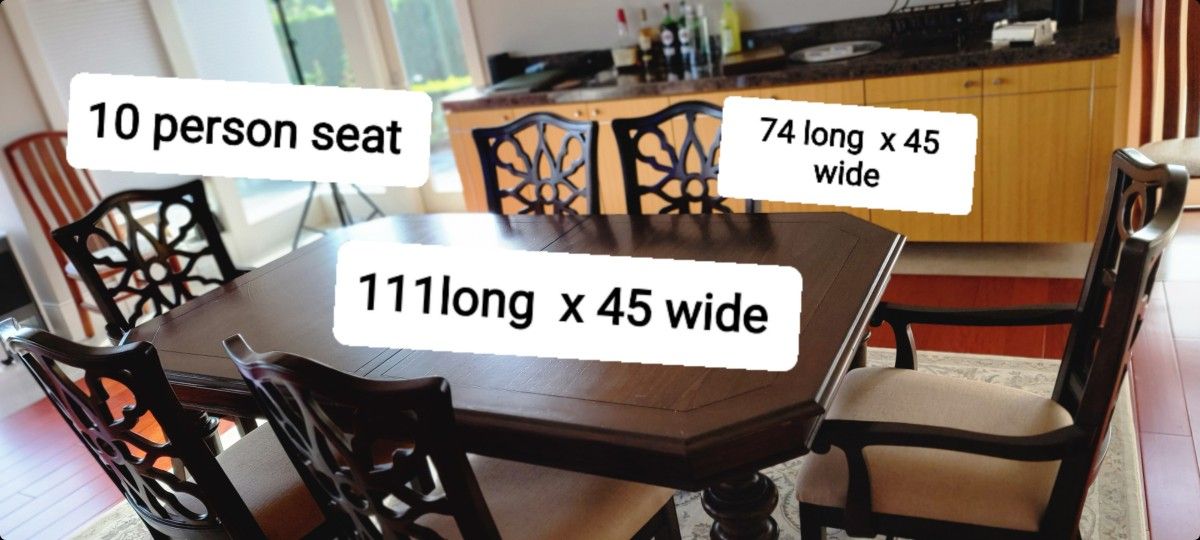 Solid Wood Dining Set With 6 Chairs Bassett 111 Inch X 45 Wide 10 Person Seating 