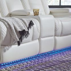 SPECIAL] Party Time White LED Power Reclining Loveseat with Adjustable Headrest