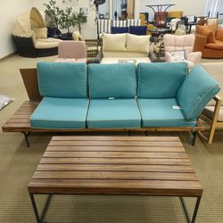 Outdoor Patio Sofa Set – Wood and Metal Couch with Coffee Table – Turquoise Cushion Seating
