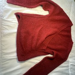 Red Fuzzy Knit Crossover V Neck Sweater Small