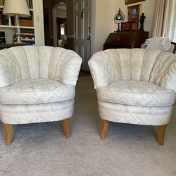 Pair mid century Modern 1940s 1950s antique MCM vintage original upholstered French barrel arm chairs