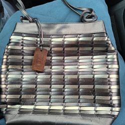 Vintage CEM Metallic Woven Leather Silver, Copper Bucket Style Shoulder Bag