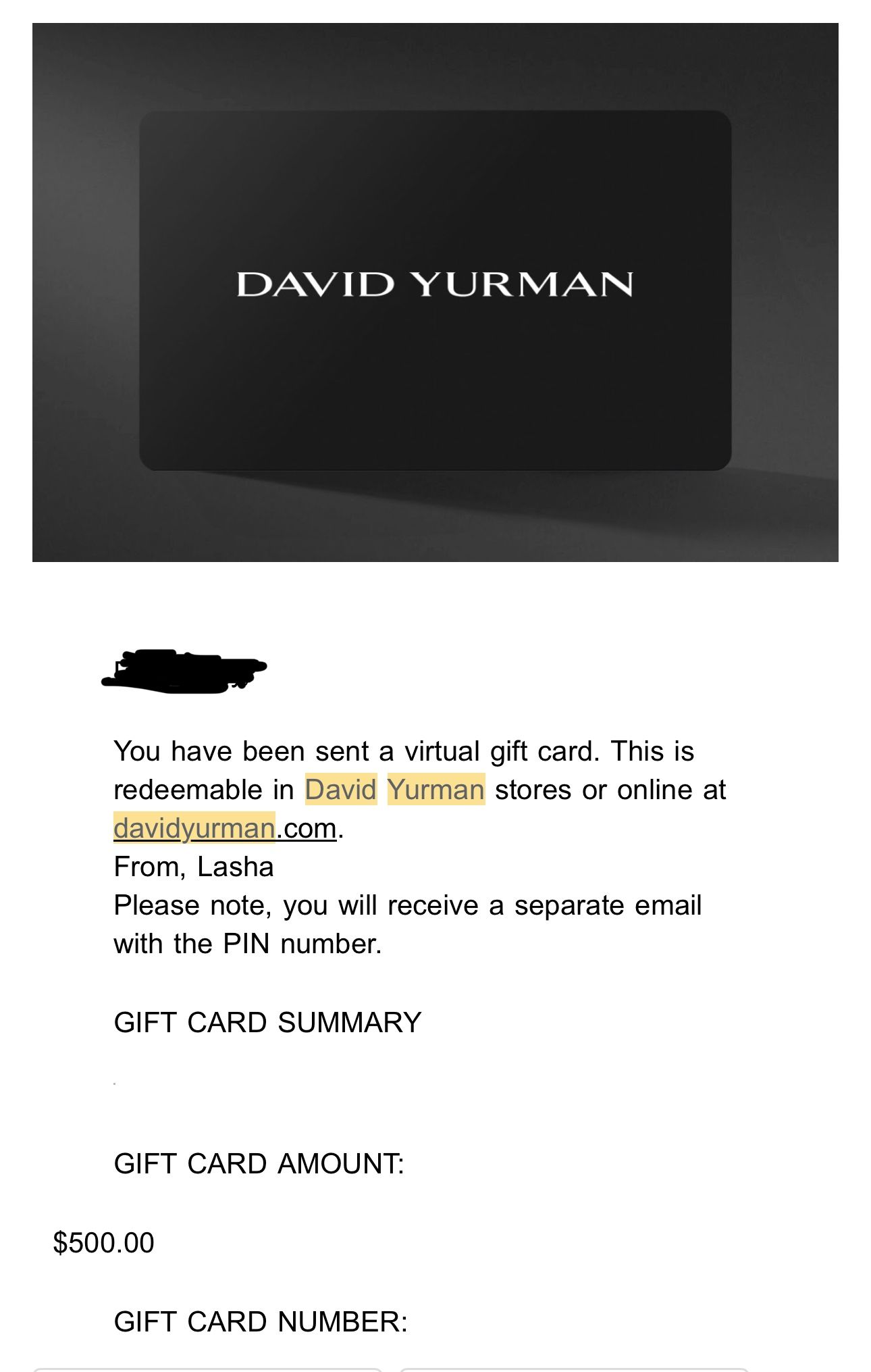 David Yurman Gift Card $500 Value