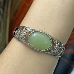 S925 silver green oval jade flowers chunky cuff bangle bracelet,Silver hearts bracelet,Silver irregular cuff bracelet,Everyday bracelet jewelry,Gift f