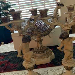 Vintage Crystal Bowl With Cherubs On Either Side. Also The Candle Stick Holders . I Also; Have The Lamp That Goes With It And Two Marble Tables.  