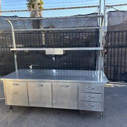 91” Stainless Steel Food prep station ingredient bins 3 Drawers Overhead Pots pans storage rack edlund can opener NSF