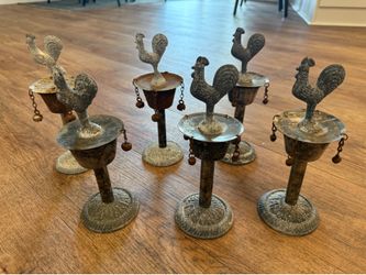 Lot of (6) Osun Metal Rooster Cup Figure 10" Tall Orisha Yoruba Santeria Rituals Prayers