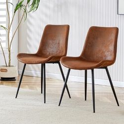 Medieval Style Restaurant Brown Cushioned Chairs with Suede Backrests & Black Metal Leg Set of 2