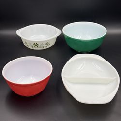 Vintage 4 Piece Lot of Pyrex & Glassbake Milk Glass Casserole Dish Bowls USA